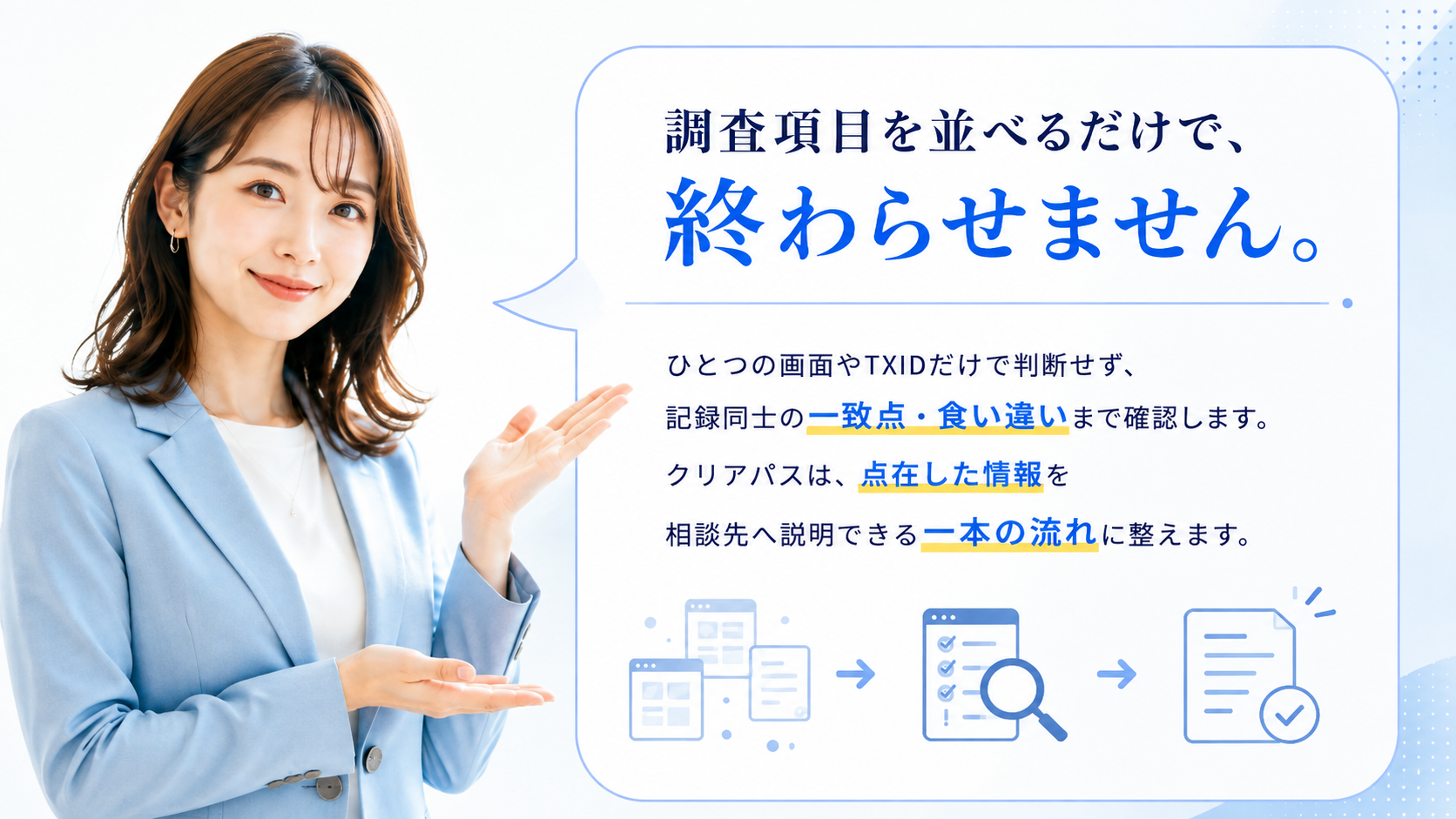 調査項目を並べるだけで終わらせず、記録同士の一致点や食い違いを確認し、相談先へ説明できる一本の流れに整える案内