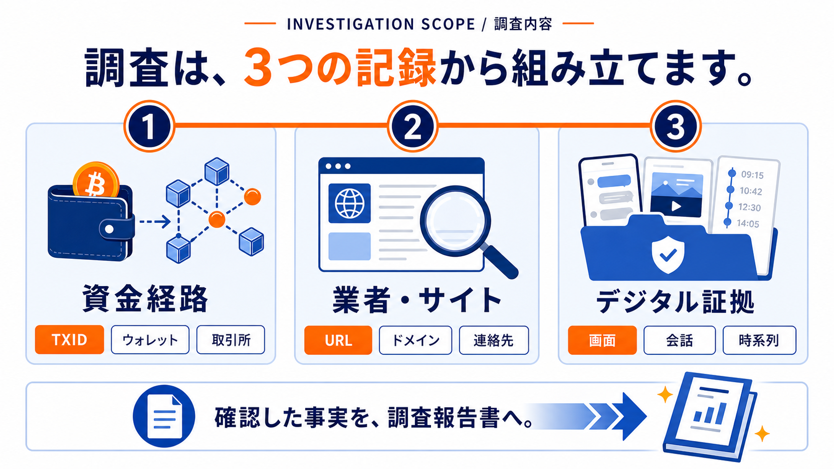 調査内容を資金経路、業者・サイト、デジタル証拠の3つに分けて示した図